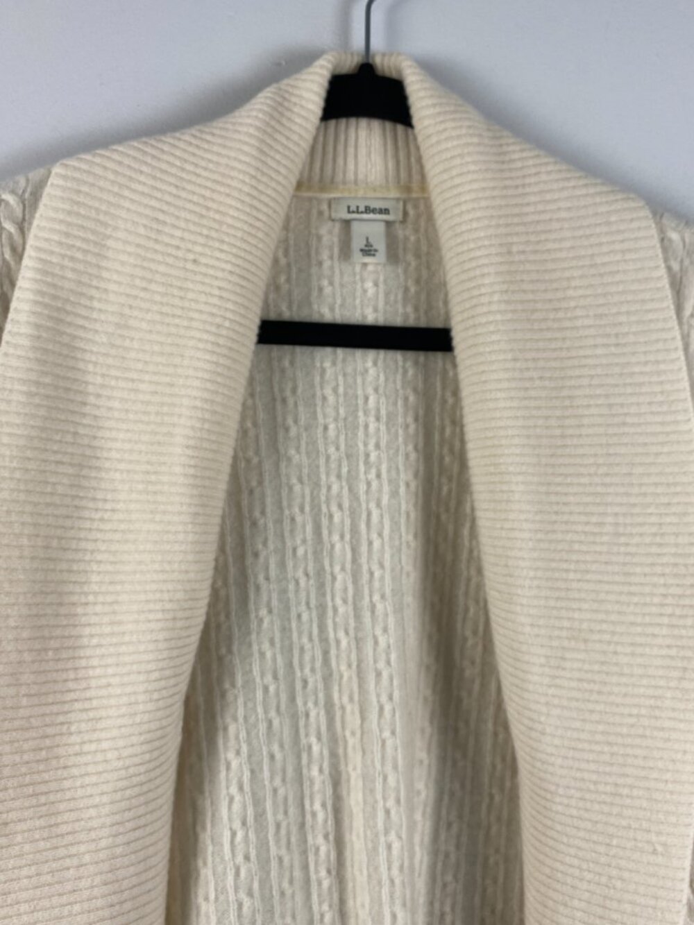 LL Bean 100% Cashmere Cable Knit Shawl Collar Cardigan Cream L 284055 - Picture 2 of 10